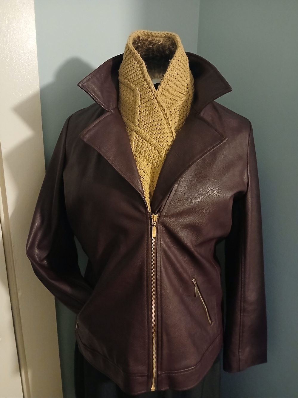 Chico's Brown/Plum Vegan Leather Jacket w/ Pretty Printed Satin Lining
